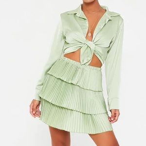 Sage Plisse Tiered Mini Skirt
